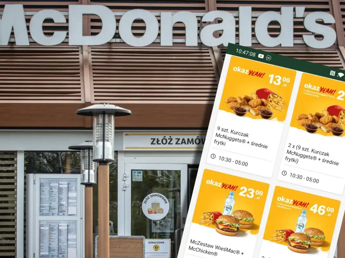 Na ekranie telefonu widać promocje McDonald's. Zastanawiasz się, ile kosztuje duża cola w Mc? Na razie widzimy zestawy z McNuggetsami i burgerami.