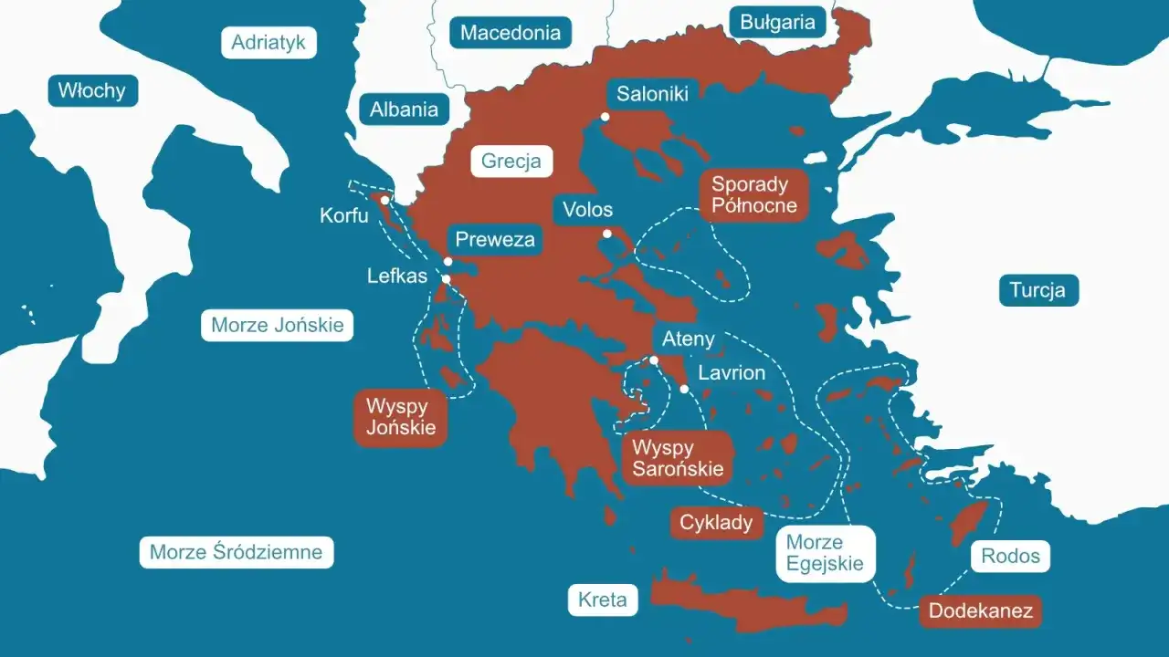 Mapa Grecji pokazuje, że kraj otoczony jest przez Morze Jońskie i Egejskie. Czy w Grecji jest ocean? Nie, ale te morza są częścią Oceanu Atlantyckiego.