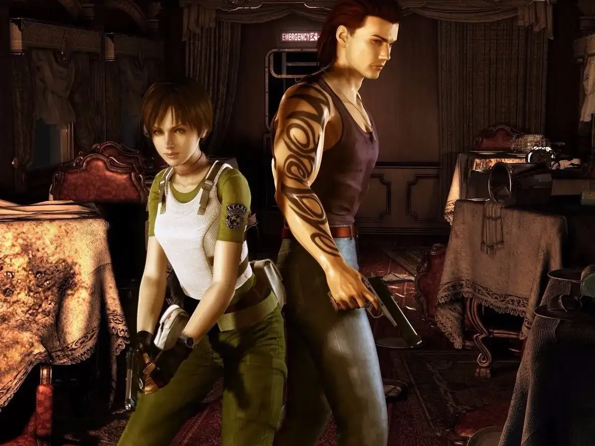 Rebecca Chambers i Billy Coen z Resident Evil 0 w ponurym wnętrzu, gotowi do walki.
