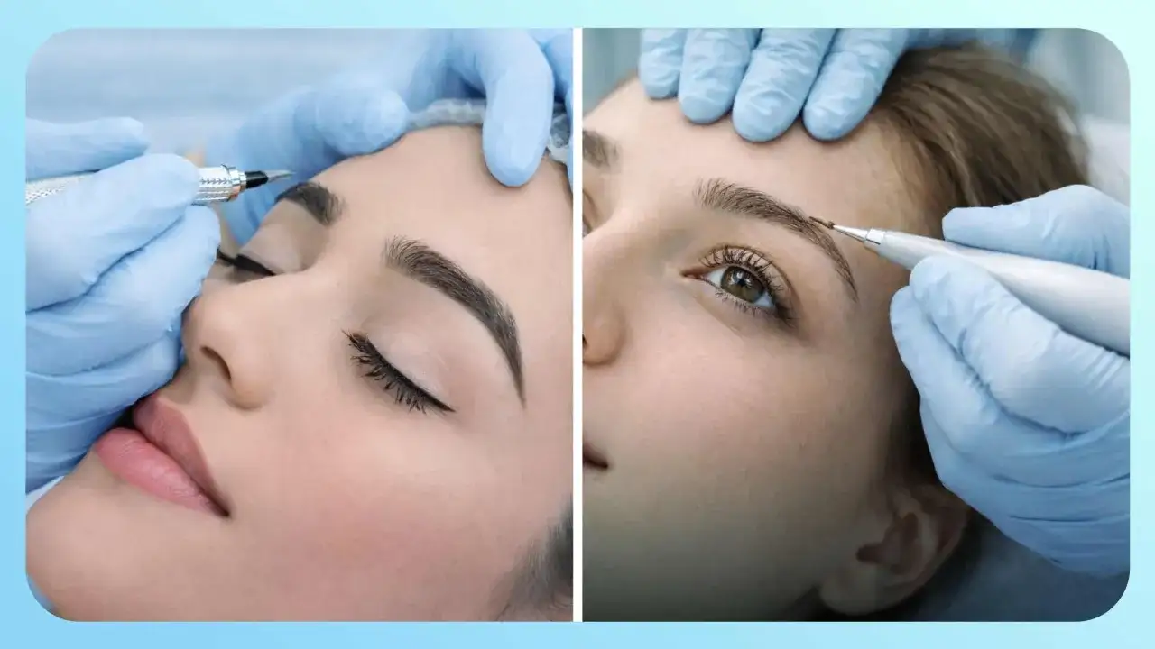 Proceso de microblading cejas. Manos enguantadas trabajan en las cejas de una mujer para un resultado natural y definido.