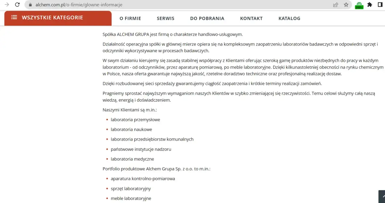 Opis firmy ALCHEM GRUPA: kompleksowe zaopatrzenie laboratoriów w sprzęt, odczynniki i meble. Gwarancja jakości i profesjonalna realizacja dostaw.