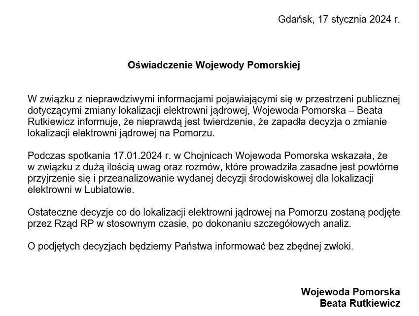 Budowa elektrowni jądrowej: wojewoda rozważa zmianę decyzji