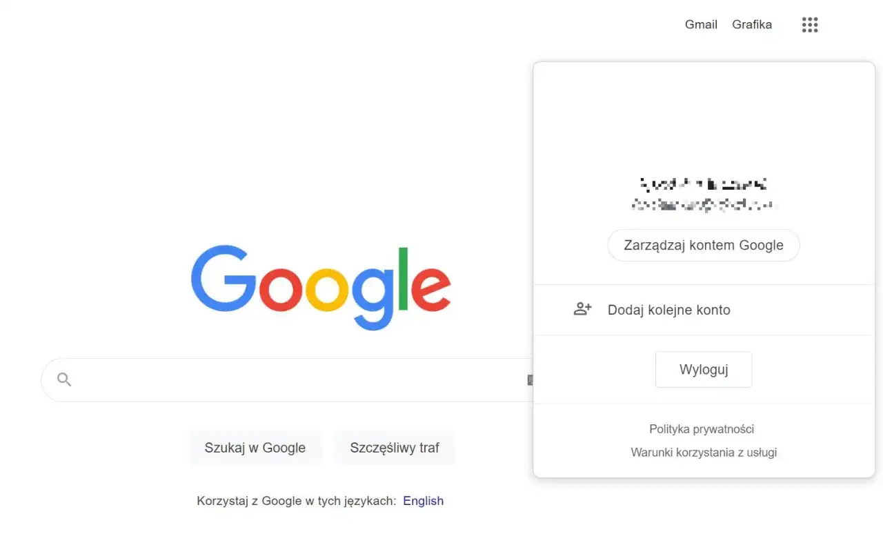 Menu konta Google z opcją "Wyloguj", pokazujące jak wylogować się z konta Google.
