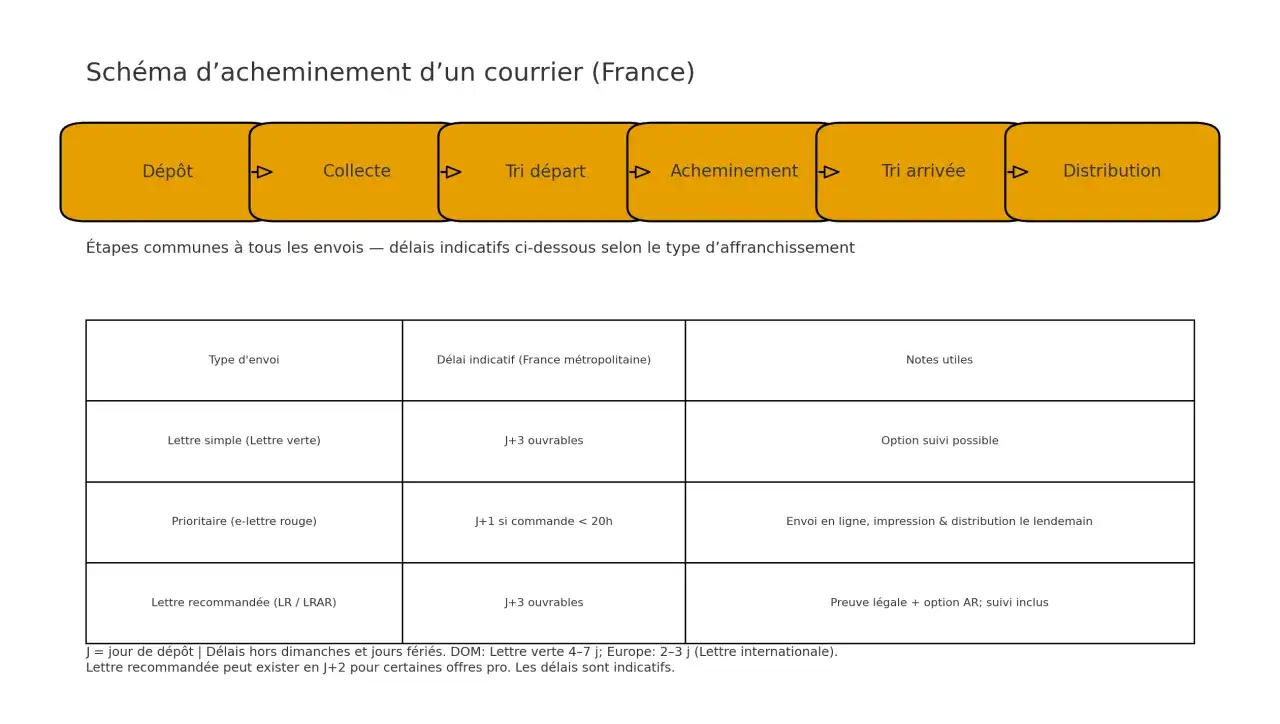 Schéma d'acheminement courrier France. Tableau comparatif des délais indicatifs pour lettre simple, prioritaire et lettre recommandée (LR/LRAR).