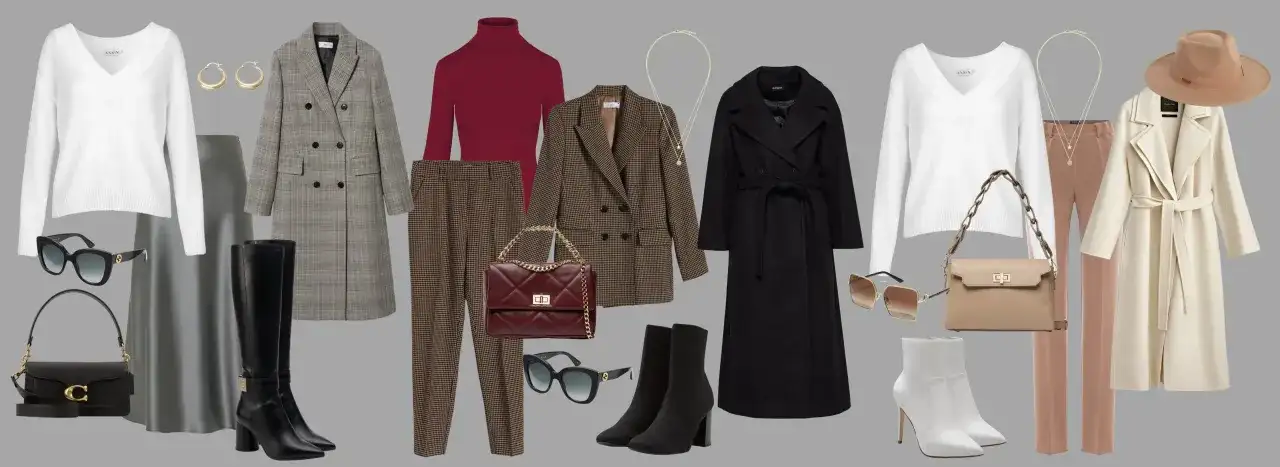 Elegancka stylizacja na randkę jesienią: płaszcze, marynarki, swetry, spodnie, spódnica, buty i torebki w stonowanych kolorach.