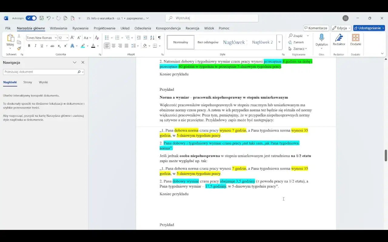 Dokument zawiera informację o warunkach zatrudnienia, w tym o normach czasu pracy dla pracowników niepełnosprawnych.