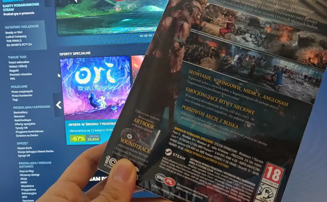Jak dodać grę w aplikacji Steam? Na ekranie widać okładkę gry z elementami interfejsu Steam.