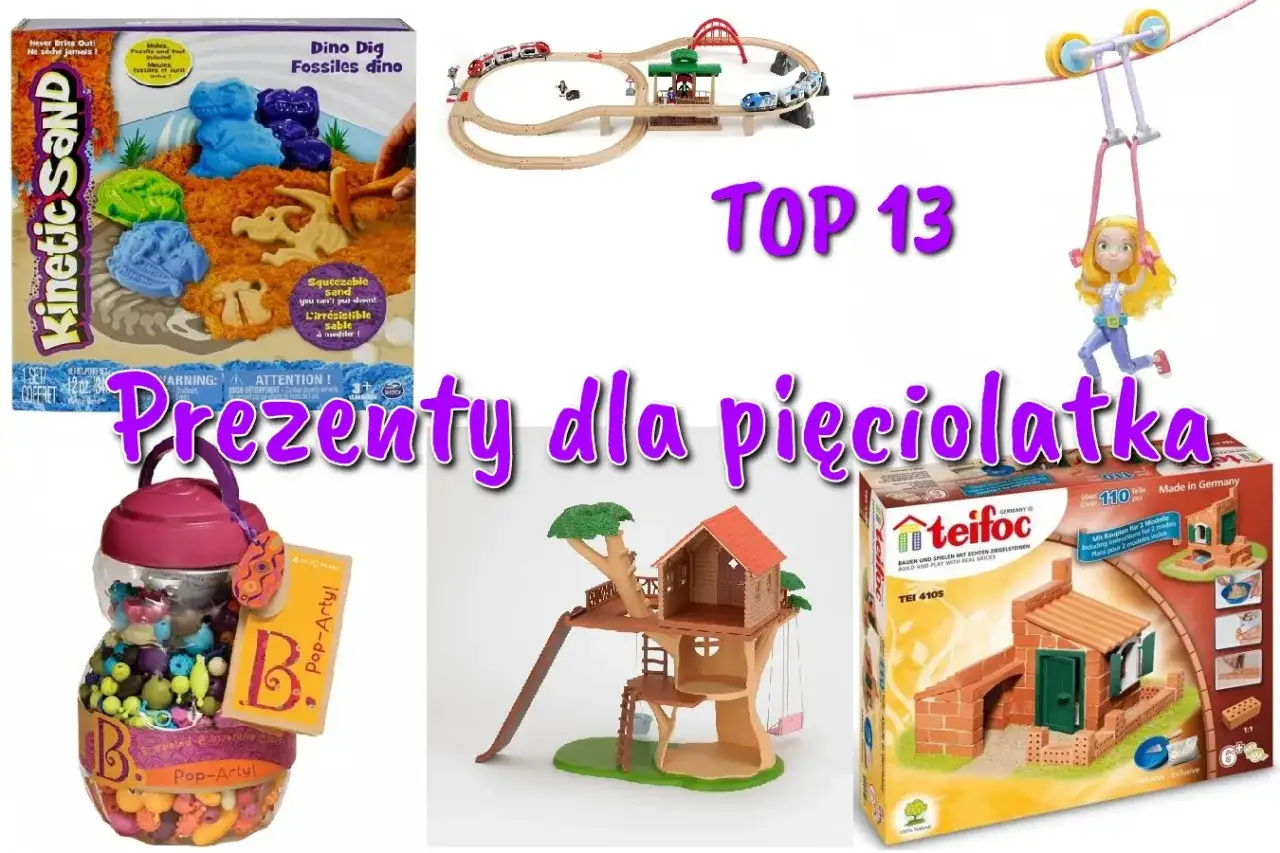 Pomysły na prezenty dla 5 latka: piaskownica kinetyczna, kolejka, domek na drzewie, koraliki, budowle z cegiełek.