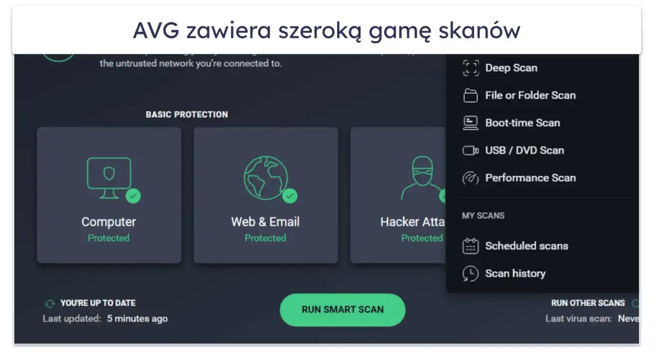Interfejs AVG oferuje różne opcje skanowania, w tym głębokie, plikowe, rozruchowe i USB. To dobry **test antywirusów**.