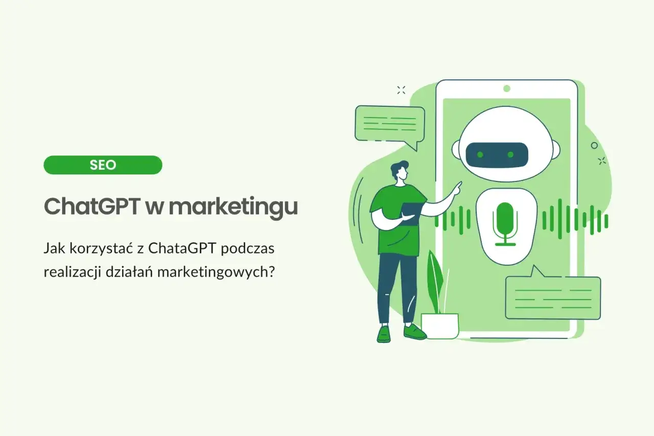 Ilustracja pokazuje, co potrafi ChatGPT w marketingu: człowiek korzysta z telefonu, na którym widać chatbota i mikrofon.
