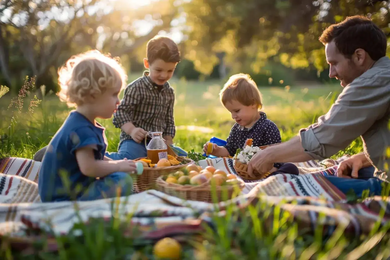 Rodzina cieszy się piknikiem na trawie. Ojciec i trzej synowie jedzą owoce i piją sok. To wspaniałe, **family friendly activities** na świeżym powietrzu.