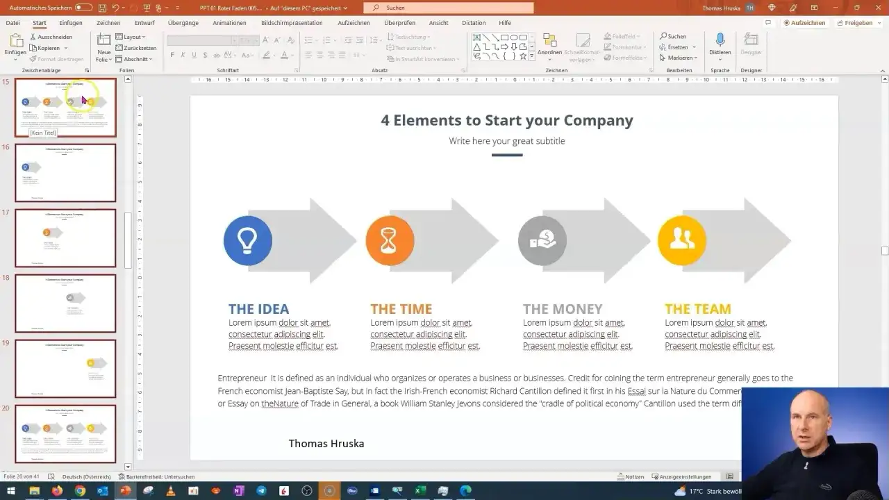 Prezentacja w programie PowerPoint, która pokazuje 4 elementy do rozpoczęcia firmy: pomysł, czas, pieniądze i zespół.