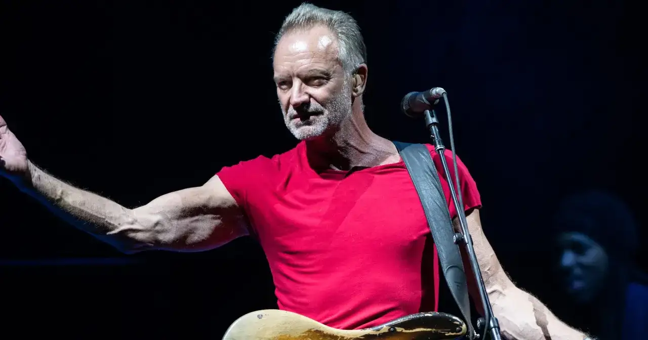 Sting w czerwonej koszulce, z gitarą i mikrofonem, jakby śpiewał o swoich dzieciach.