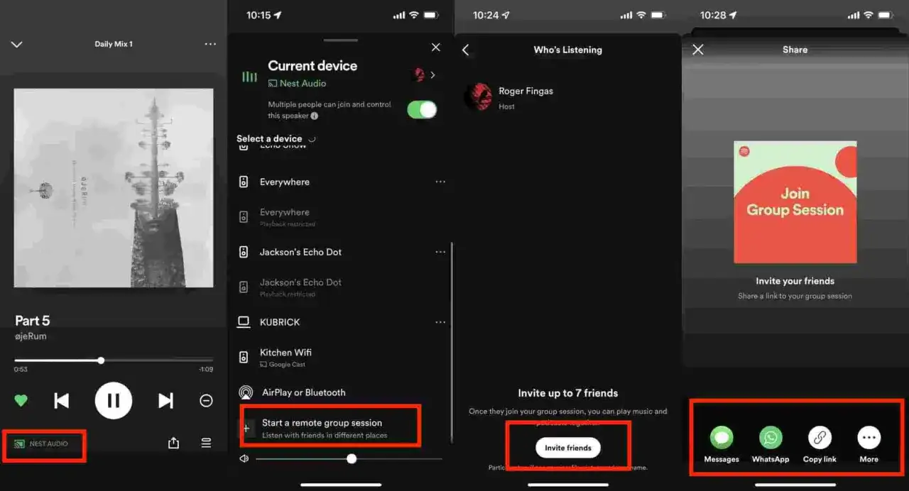 Trzy ekrany aplikacji Spotify pokazujące tworzenie sesji grupowej i udostępnianie linku.