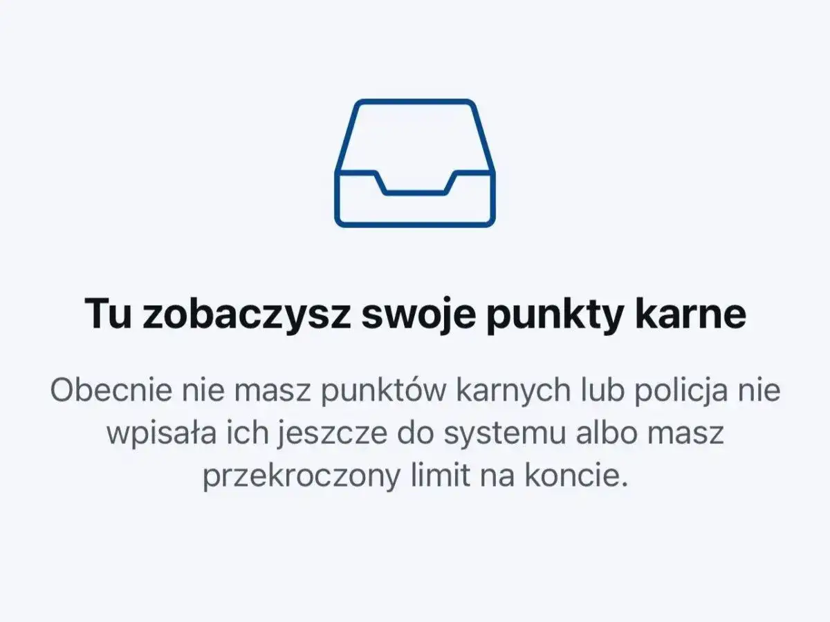 Ikona szuflady z tekstem: "Tu zobaczysz swoje punkty karne". Informuje o braku punktów karnych lub ich wpisaniu do systemu.