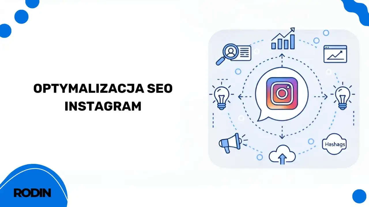 Optymalizacja SEO Instagram: ikona aplikacji, wykresy, żarówki, chmura, głośnik, lupa, hasztagi.