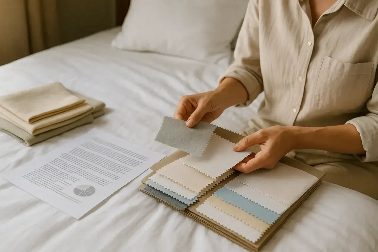 Manos revisan muestras de tela, incluyendo opciones de poliéster reciclado, junto a documentos y textiles doblados sobre una cama.