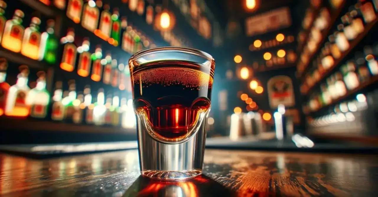 Mroczny, kuszący kieliszek z drinkiem z jagerem, lśniącymi bąbelkami, na tle rozmytych butelek i świateł baru.
