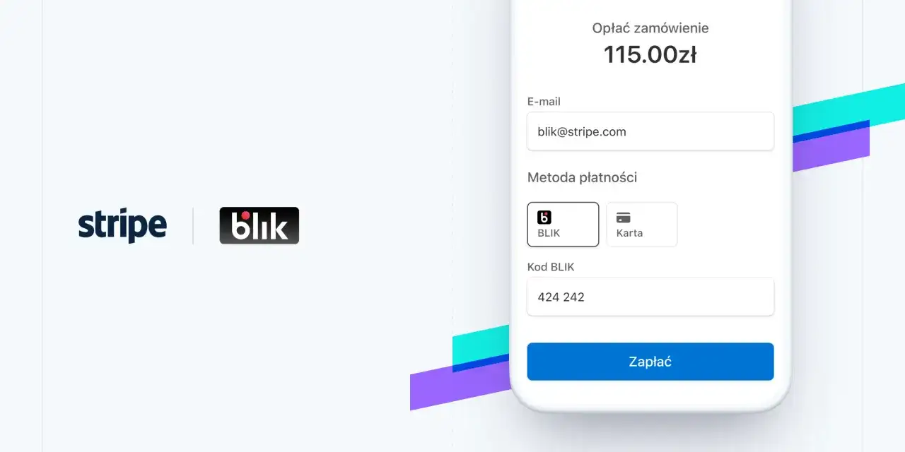 Stripe i Blik integrują się, ułatwiając płatności. Na ekranie widać formularz z kwotą 115 zł, polem na e-mail i wyborem metody płatności Blik.