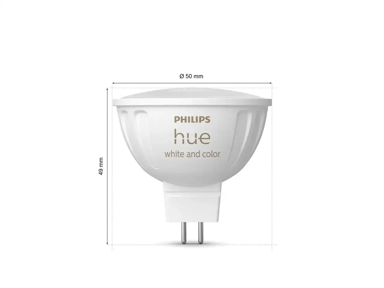 Żarówka Philips Hue, biała i kolorowa, o średnicy 50 mm i wysokości 49 mm.
