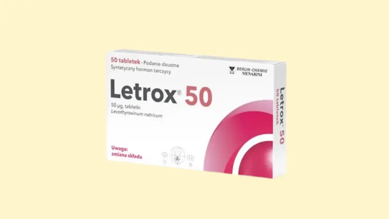 Opakowanie leku Letrox 50, zawierające 50 tabletek z lewotyroksyną sodową, stosowanego jako syntetyczny hormon tarczycy.