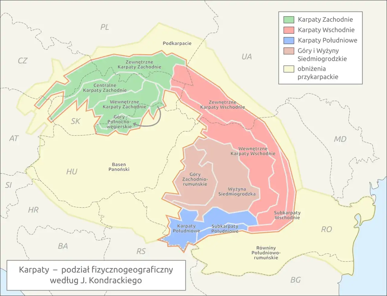 Mapa pokazuje, gdzie leżą Karpaty w Polsce, dzieląc je na Karpaty Zachodnie i Wschodnie, z zaznaczonymi Podkarpaciem.