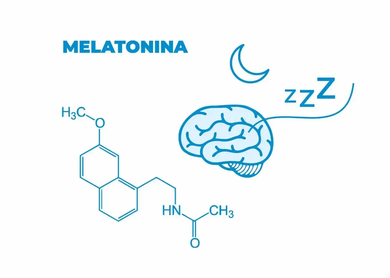 Melatonina co to? Schemat chemiczny hormonu snu, mózg i symbol nocy.