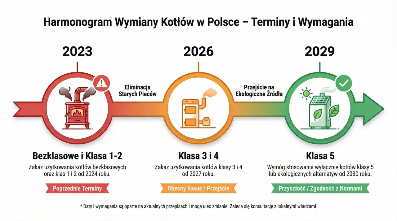 Harmonogram wymiany kotłów w Polsce: stare piece (2023), kotły klasy 3-4 (2026), kotły klasy 5 (2029).