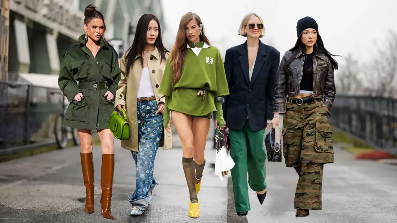 Cinco mujeres muestran cómo combinar el color verde: con botas, bolso, sudadera, pantalones y chaqueta.