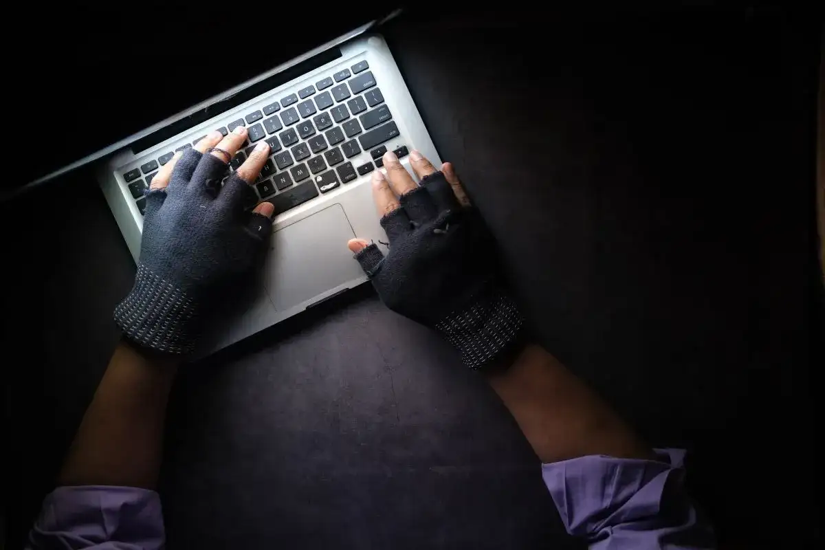 Ręce w rękawiczkach bez palców piszą na laptopie. To może być początek fascynujących studiów kryminalistycznych.