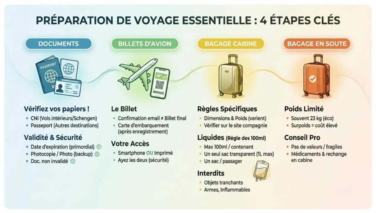 Illustration des 4 étapes de préparation de voyage : documents, billets d'avion, bagage cabine et bagage en soute.