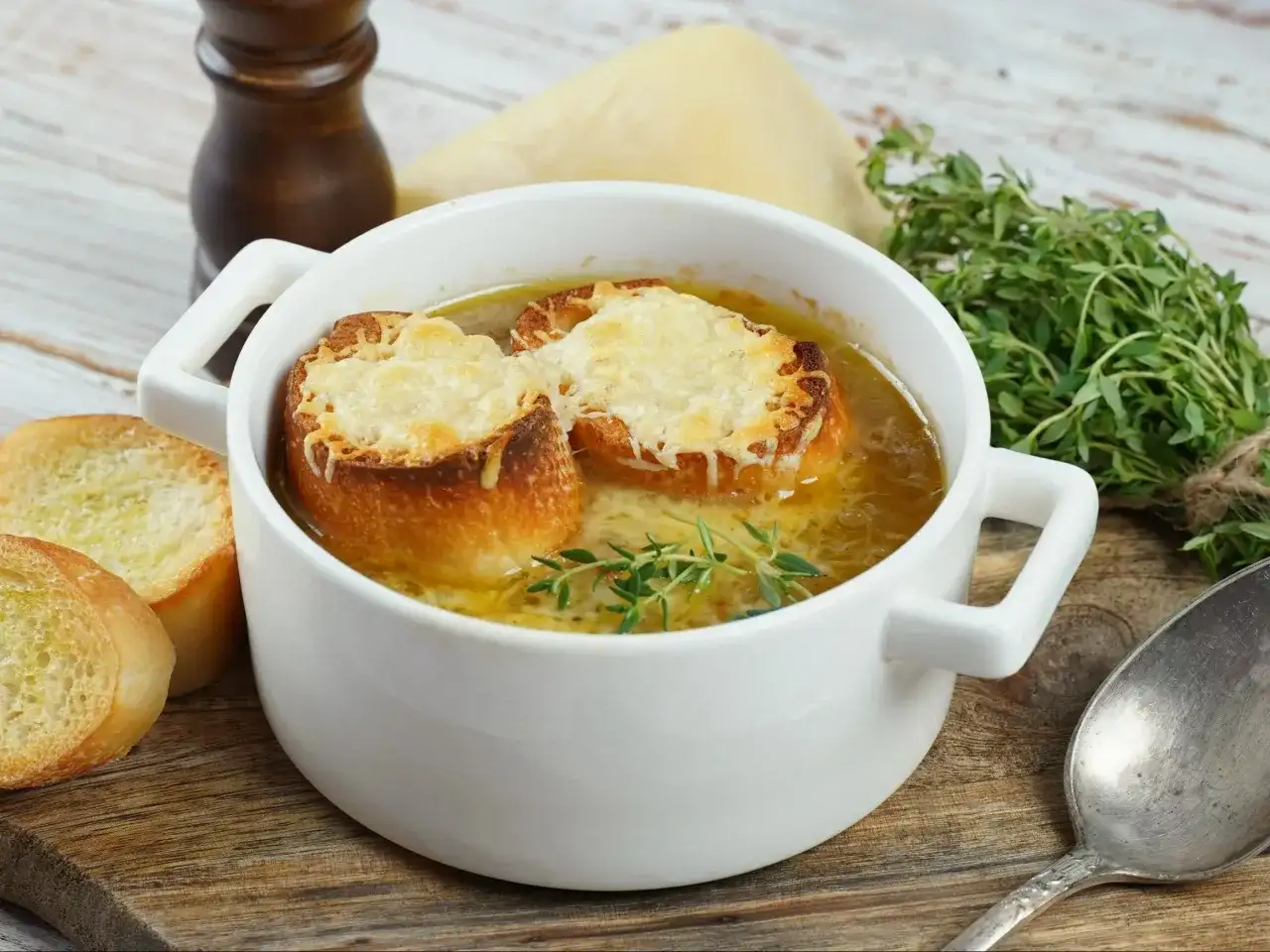 Aksamitna zupa cebulowa przepis, podana w białej miseczce z grzankami zapieczonymi z serem i gałązką tymianku.