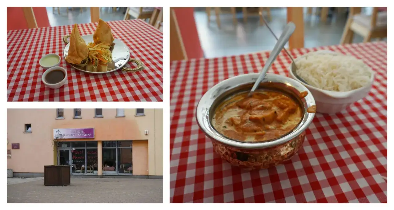 Trzy zdjęcia: dania kuchni nepalskiej, restauracja z zewnątrz i danie z ryżem.