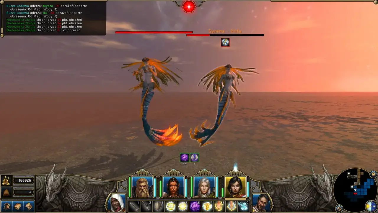Dwie syreny w grze Might and Magic IX na tle zachodzącego słońca. W tle widać interfejs gry.