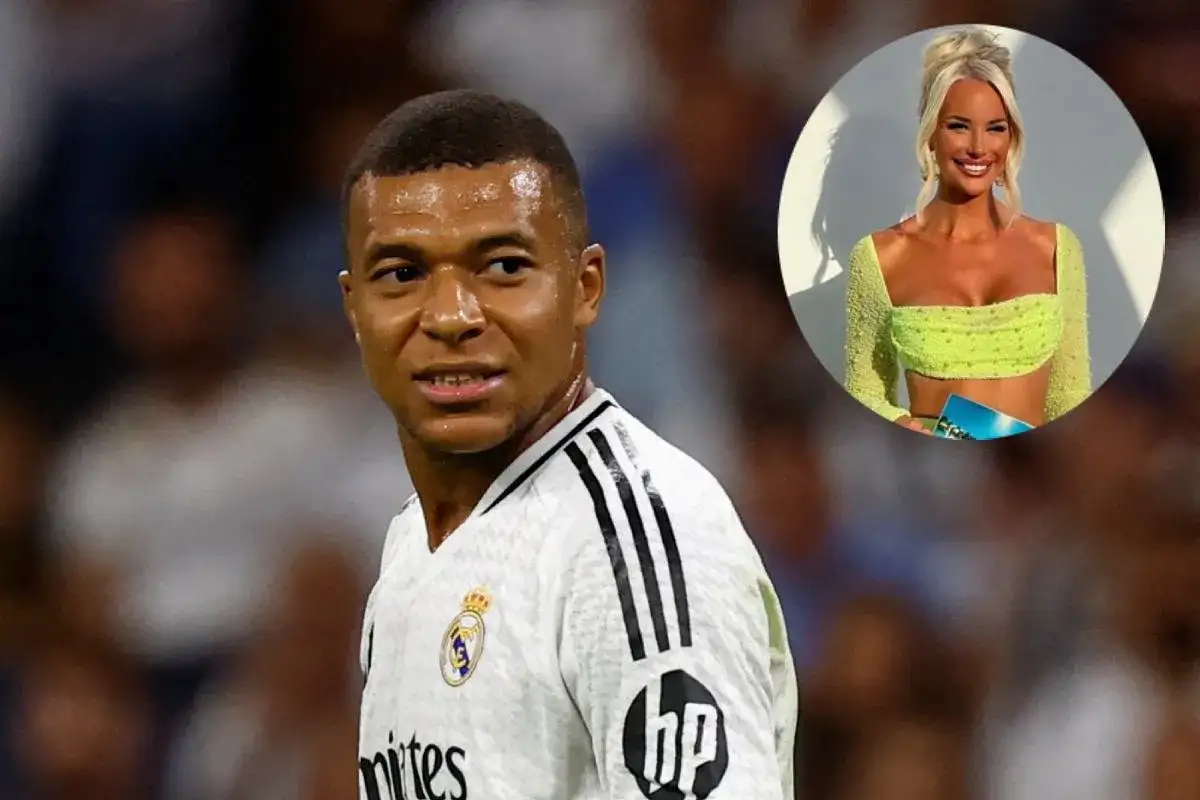 Kylian Mbappé w koszulce Realu Madryt i kobieta w limonkowym topie w okręgu.