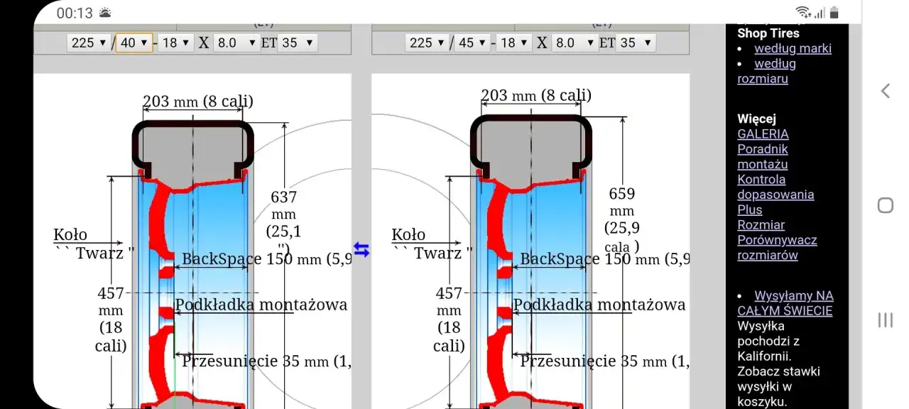 Porównanie rozmiarów opon dla Skoda Octavia 3: 225/40 R18 vs 225/45 R18. Różnice w średnicy koła i ET.