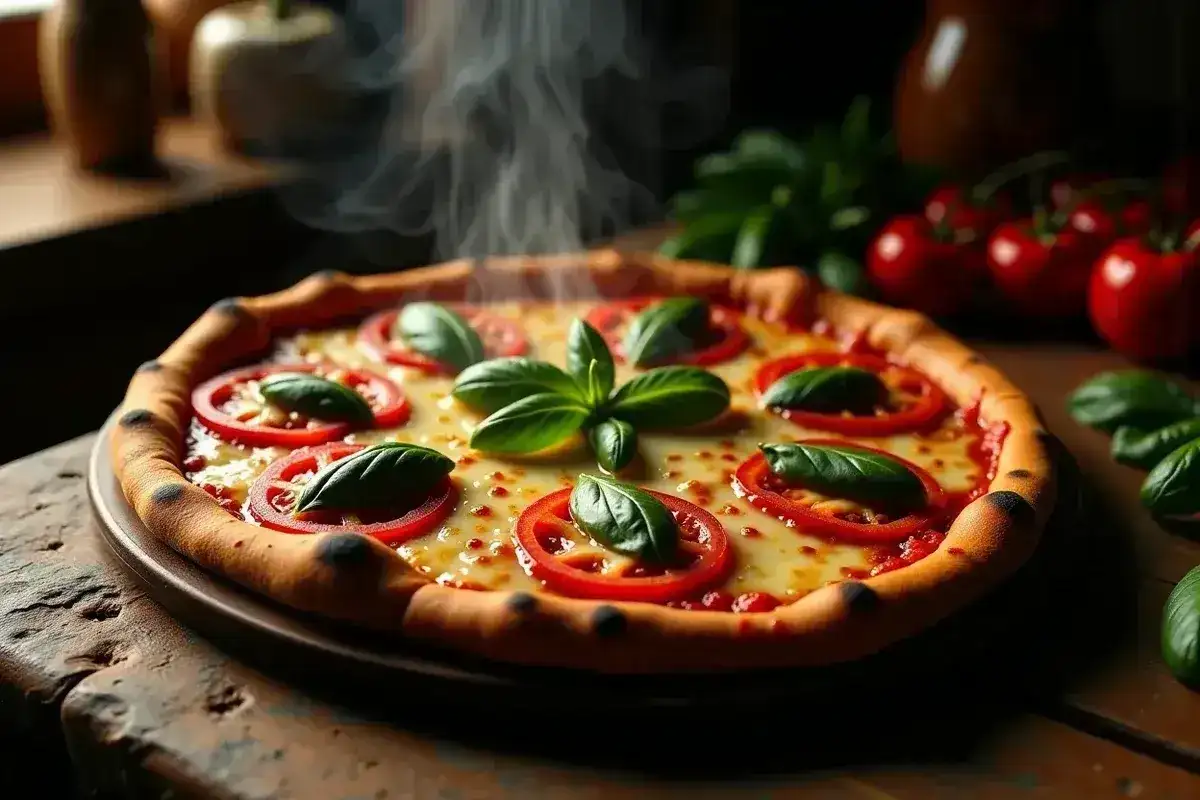 Gorąca pizza margherita z pomidorami i bazylią, parująca na drewnianym blacie. Idealne składniki na pizzę.