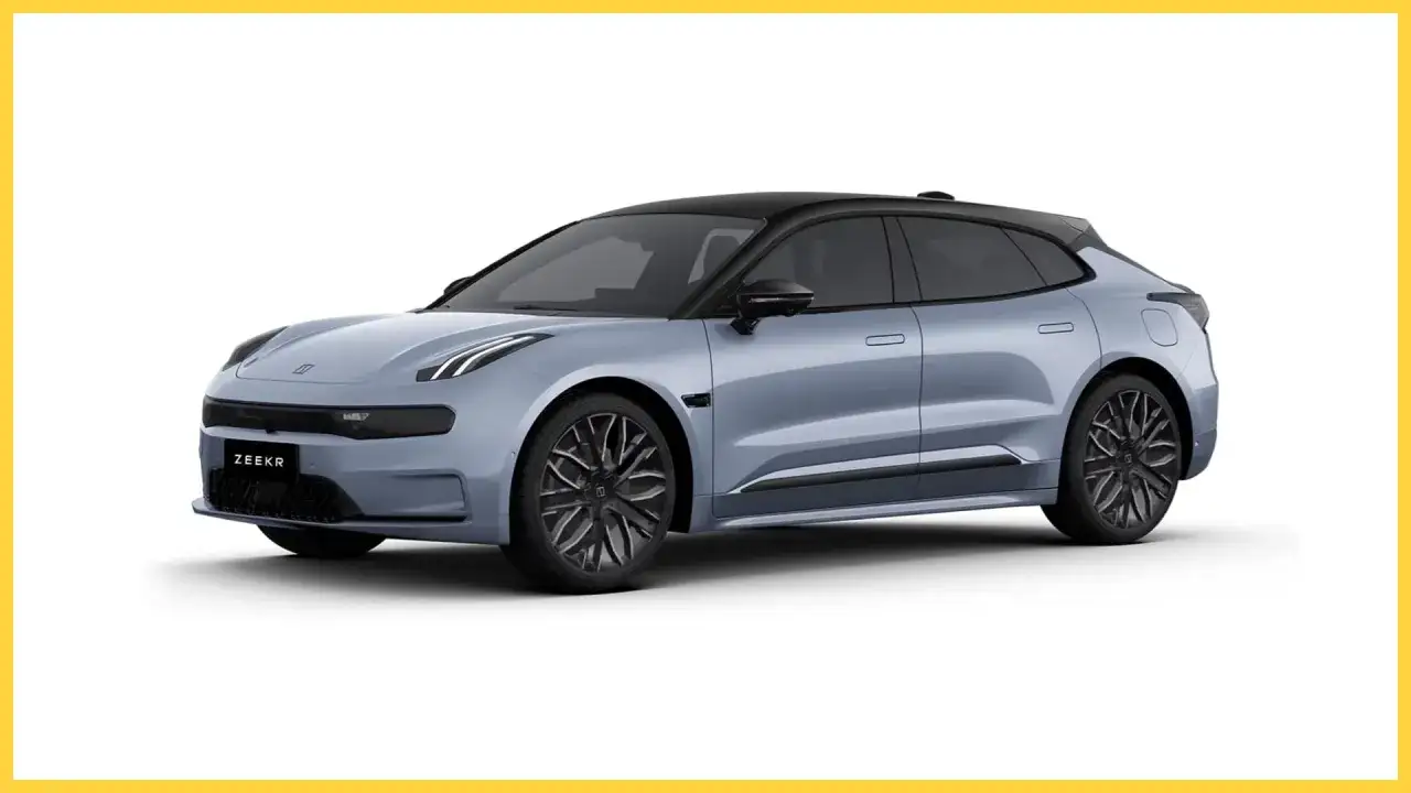 Niebieski samochód elektryczny Zeekr 001 z czarnym dachem i przyciemnianymi szybami, prezentujący nowoczesny design.
