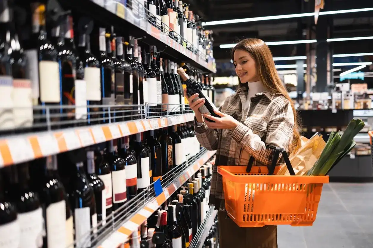 Kobieta wybiera wino w sklepie. To przykład tego, czym jest retail – sprzedaż detaliczna produktów.