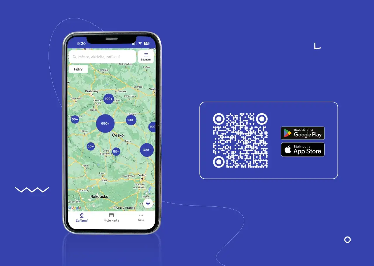 Telefon z aplikacją mapy pokazującą lokalizacje z liczbami, obok kod QR i przyciski pobierania aplikacji.
