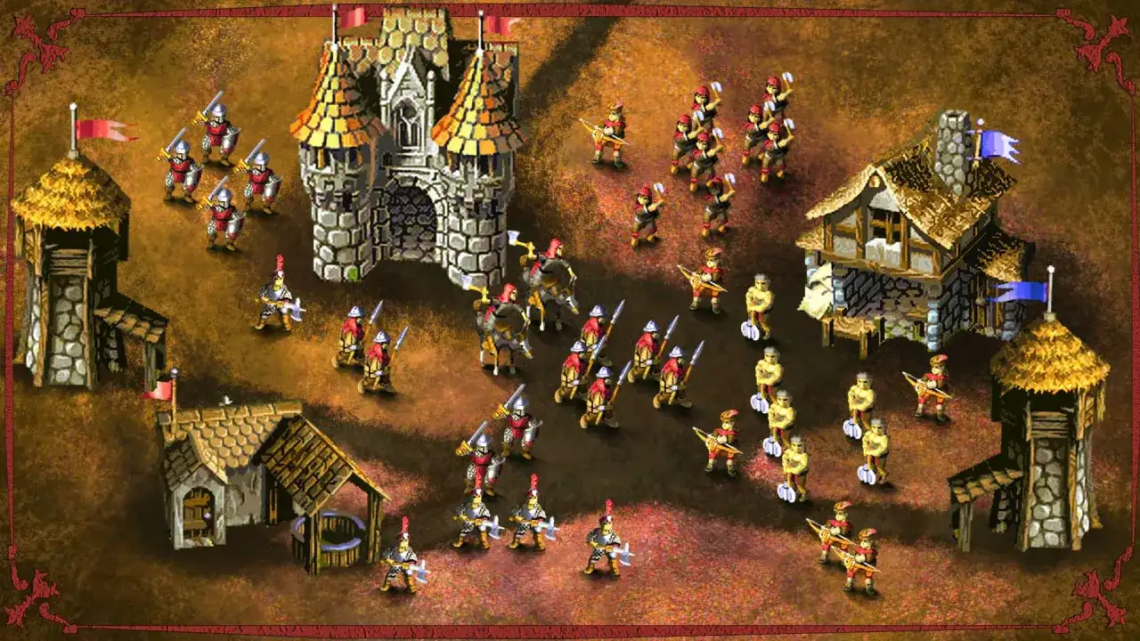 Scena z gry "Knights & Merchants: The Peasants Rebellion". Rycerze i chłopi szykują się do walki pod zamkiem i chatami.