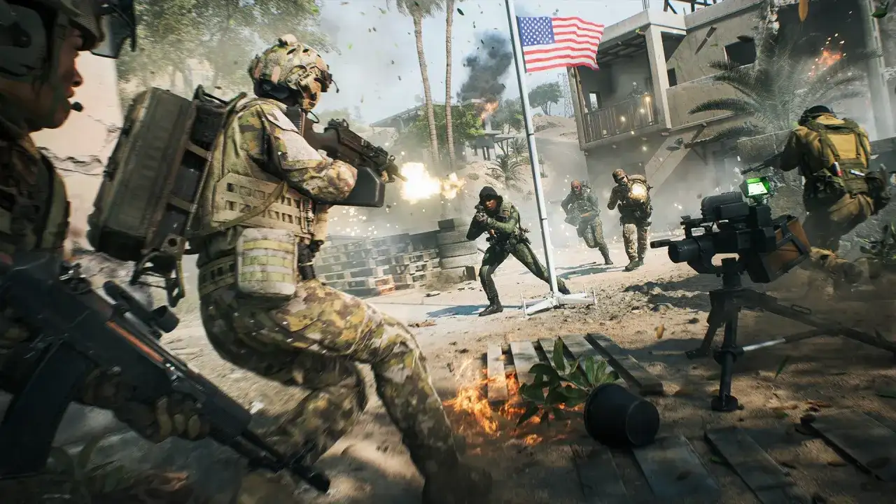 Żołnierze w kamuflażu walczą na **battlefield 7**, strzelając z broni, płonie ogień, a amerykańska flaga powiewa na wietrze.