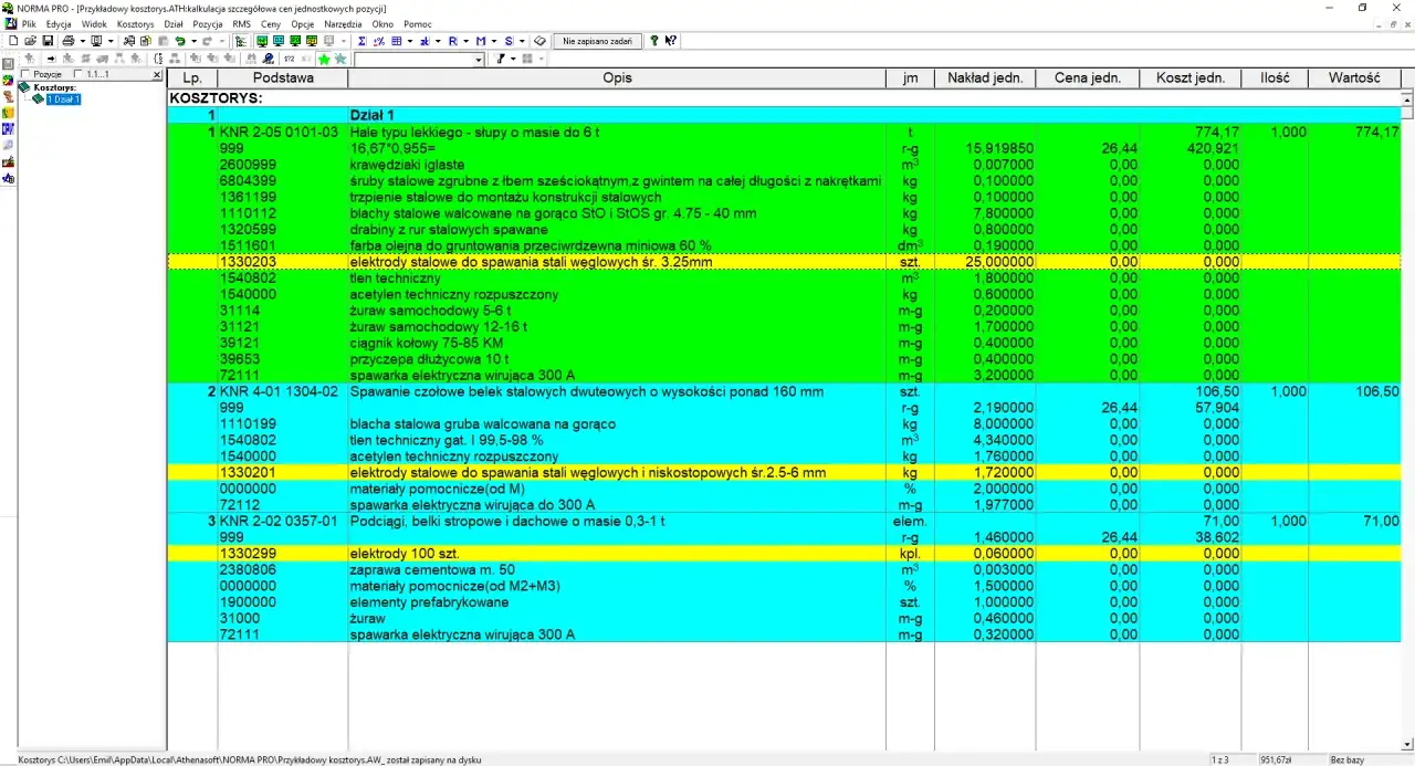 KNR: lista materiałów budowlanych, w tym elektrody stalowe do spawania, blacha, tlen i acetylen.