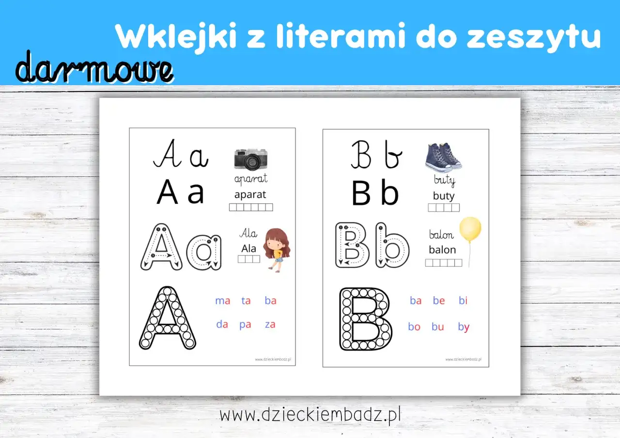 Darmowe wklejki do zeszytu litery do druku: Aa z aparatem i Ala, Bb z butami i balonem.