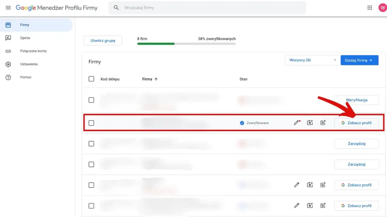 Widok panelu Google Menedżer Profilu Firmy. Zaznaczono wiersz firmy, aby pokazać, jak usunąć wizytówkę Google.