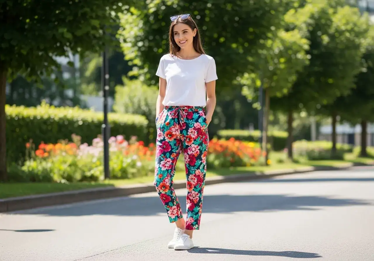 Stylizacja na lato: biały T-shirt i kolorowe spodnie w kwiaty. Idealne pytanie: co założyć do spodni w kwiaty?