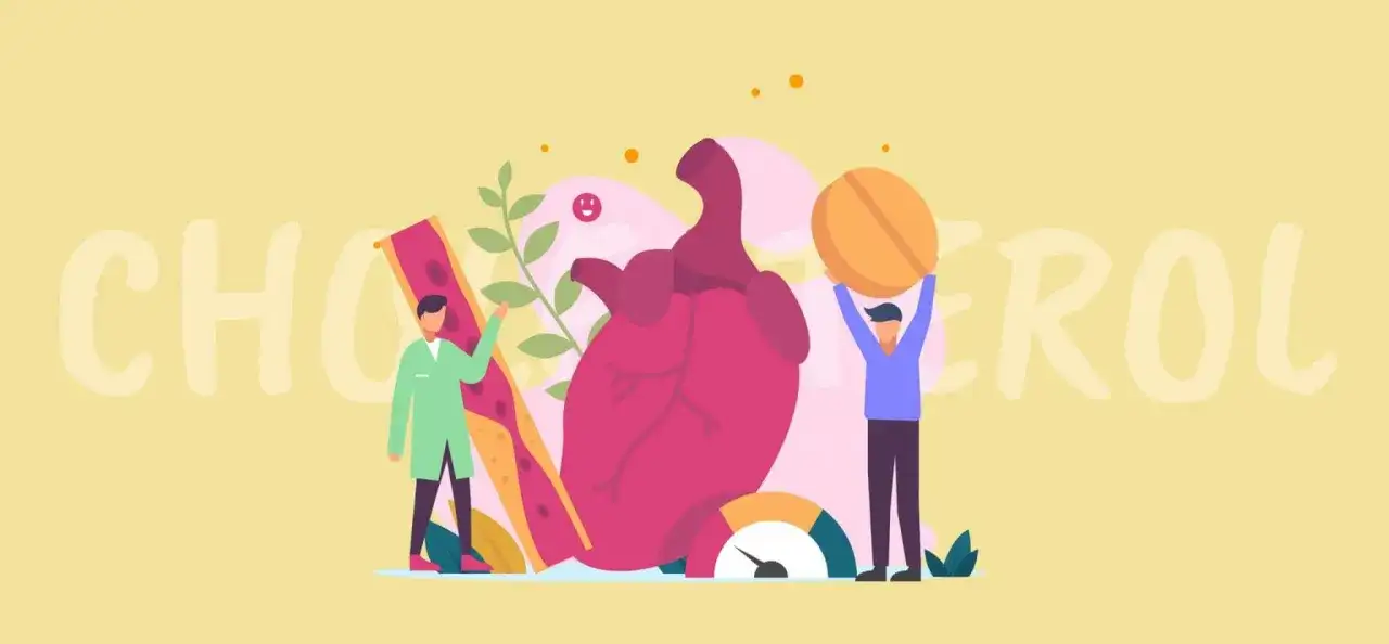 Ilustracja pokazuje serce, naczynia krwionośne i ludzi, którzy symbolizują walkę z wysokim cholesterolem. Dowiedz się, jak obniżyć cholesterol.