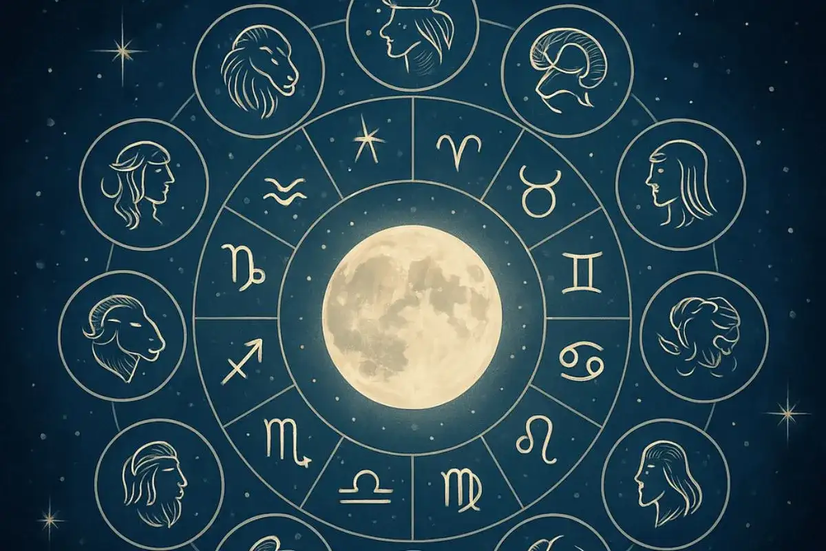 Koło zodiaku z Księżycem w centrum. Widoczne symbole i wizerunki znaków zodiaku, w tym Skorpiona. Sprawdź swój horoskop skorpion na przyszły tydzień.