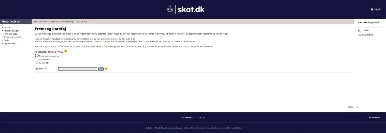 Formular do wyszukiwania pojazdów na stronie skat.dk, z polami wyboru i polem do wpisania numeru rejestracyjnego.