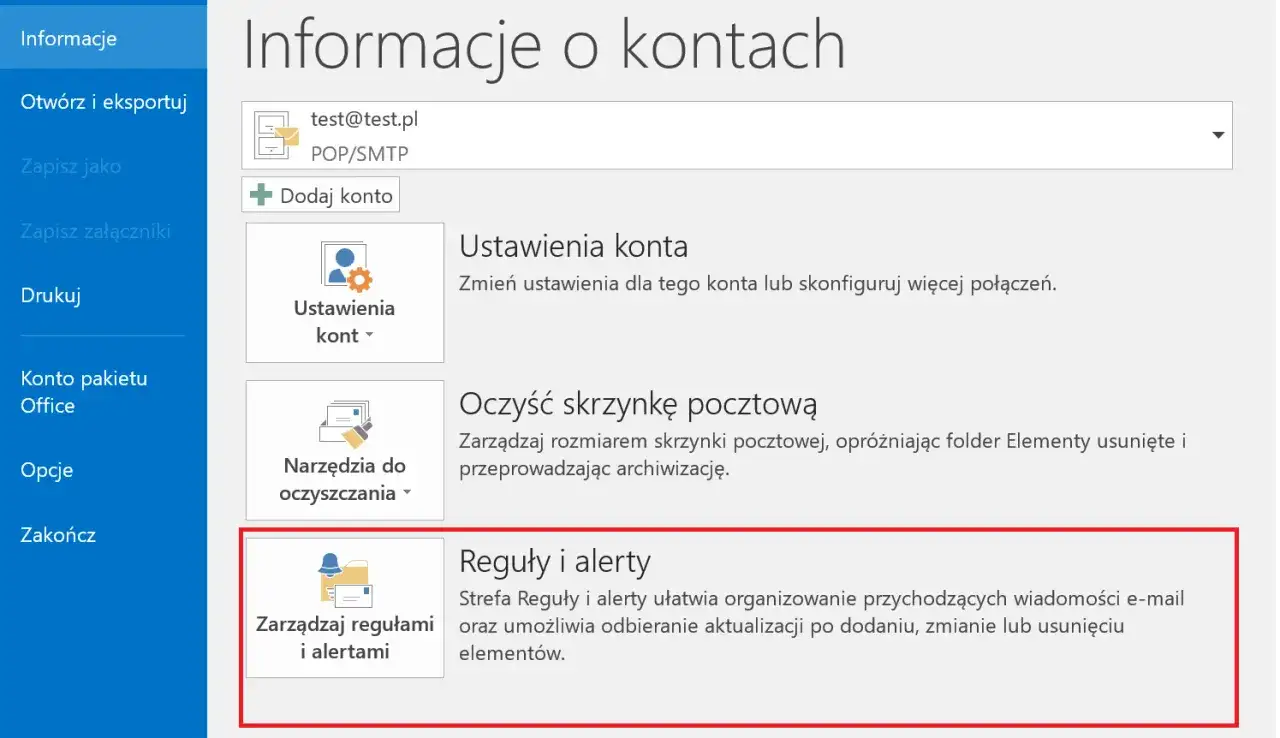 Zarządzaj regułami i alertami, aby organizować wiadomości e-mail. Ustawienia te pomagają w automatycznym przetwarzaniu poczty, np. jako autoresponder.